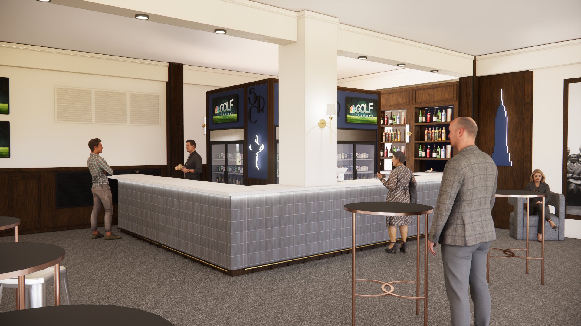 3D rendering of the club bar and surrounding lounge